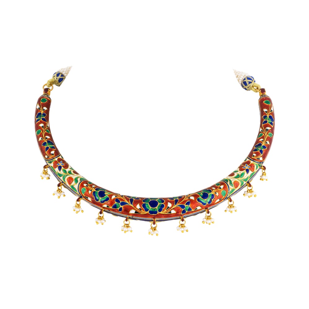 Blue Enamel Hasli Necklace Set with Polki Floral Motifs & Pearls